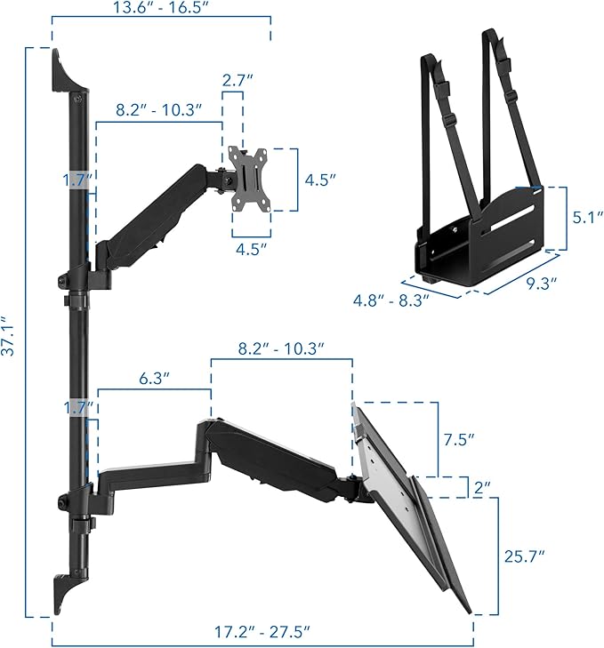 Mount-It! Single Monitor Arm Wall Mount Workstation with Keyboard Tray & CPU Holder, Height Adjustable Gas Spring Full Motion Computer Station, Fits 17–32” VESA 75x75 100x100, Black