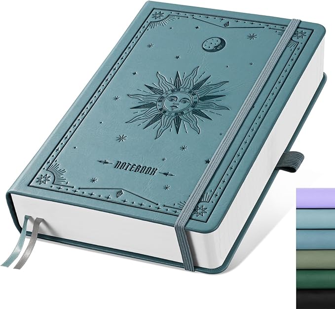 EMSHOI A5 College Ruled Notebook, 320 Numbered Pages 100GSM Ink-Proof Faux Leather Hardcover Lay-Flat Lined Journal for Work Office School Writing, SUN Design, Small 5.75" x 8.38", Light Blue