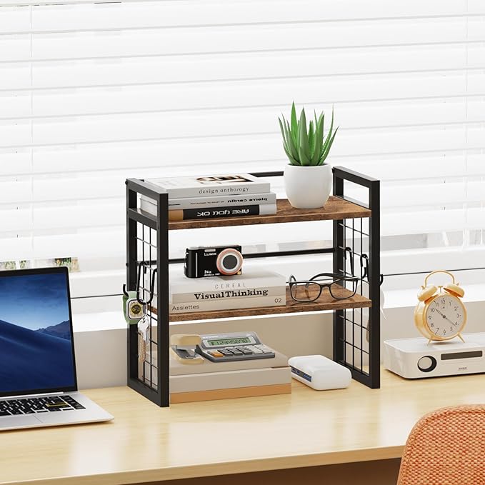 ELITEROO Desktop Shelf Organizer, 2 Tier Wood Desk Bookshelf, Rustic Brown | Desk Top Storage Rack for Office, Dorm, or Bedroom Decor, Small Tabletop Shelf for Books, Plants & Accessories
