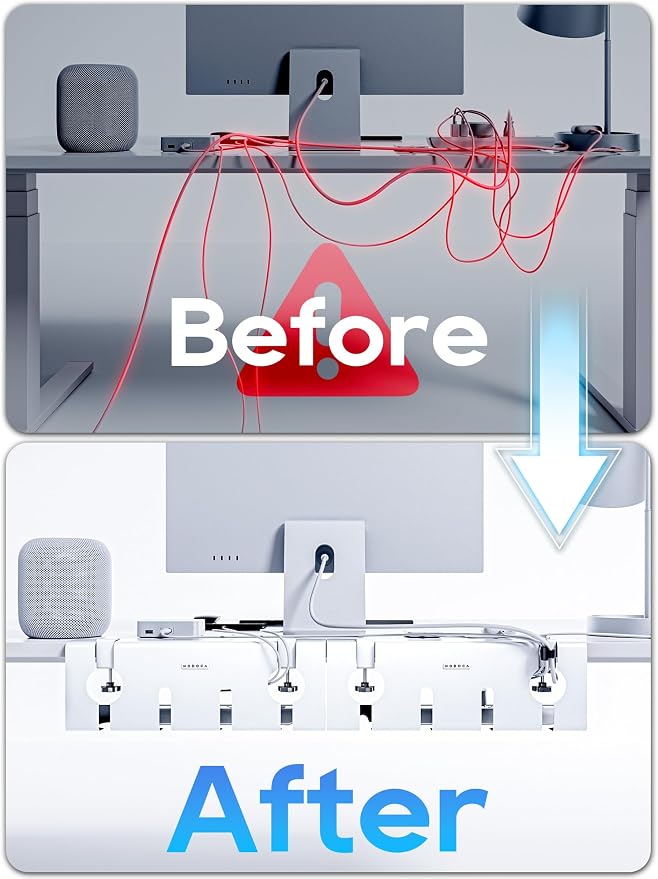 NODOCA No Drill Under Desk Cable Management Tray, 17'' Wire Management, Punch-Free Clamp on, Metal Cable Tray, Wire Organizer Under Desk, Under Dessk Basket for Office and Home, White