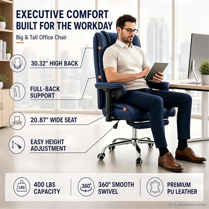 Big and Tall Office Chair，Heavy Duty Wide Executive Office Chair (Blue) | Breathable Leather，Double-layered Backrest，Seat Cushion Designed of Deluxe Embroidery Leather，Foot Rest, Adjustable Armrests