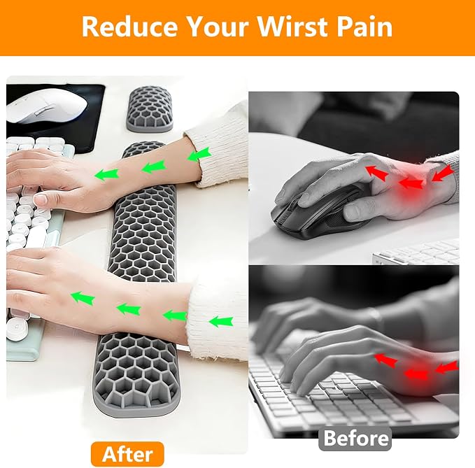 Ergonomic Keyboard and Mouse Wrist Rest Set, Silicone Honeycomb Design, 17.7 x 2.8 x 1 Inches, Non-Deformable Support for Office Gaming Typing (Grey)