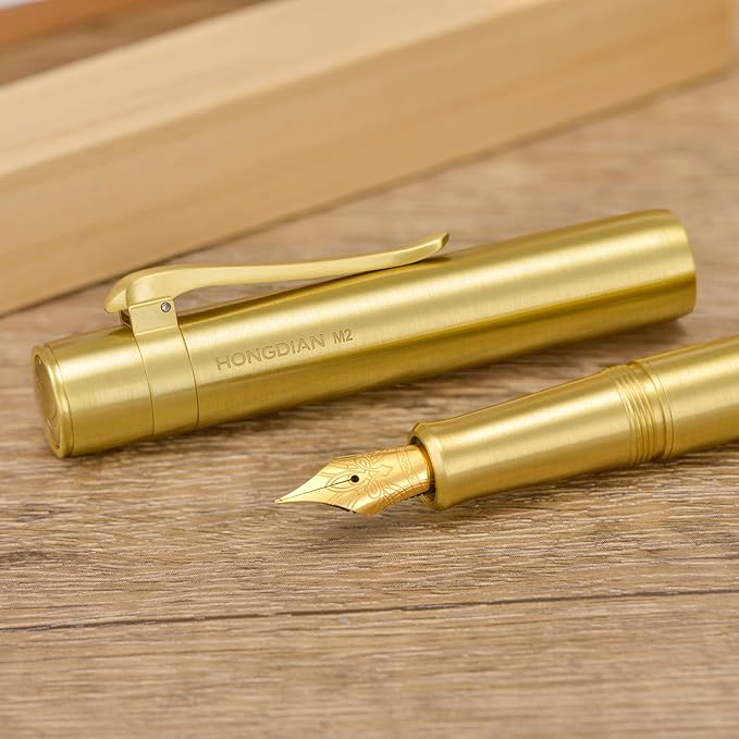 HONG DIAN M2 Mini Brass Fountain Pen with Extra Fine Soft Golden Nib, Sleek Shape Short Pocket Travel Pen (Glossy Brass)