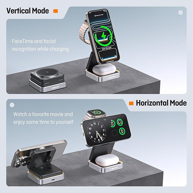 【2026 Upgraded】 Wireless Charger 3 in 1, Foldable Wireless Charging Station with Light for Apple Magnetic Charger, Travel Magnetic Charger Stand, Nightstand Fast 15W Charging Station (20W Adapter)