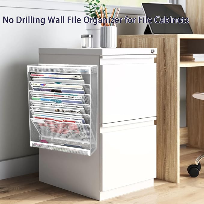 7 Tier Magnetic File Holder, No Drilling Wall File Organizer for File Cabinets Whiteboard Refrigerator,Office,Classroom, Hanging Paper Folder Holder, White