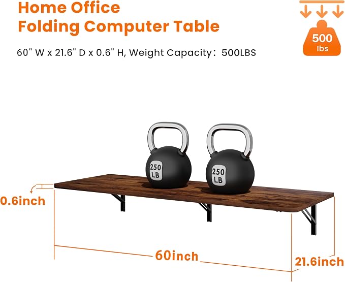 IAE Wall Mounted Floating Foldable Desk, 60" x 22" Folding Computer Workstation Table with Engineered Wood and Metal Shelf Brackets,Fold&Floating Design for Home Office, Apartment,Laundry Room,Rustic