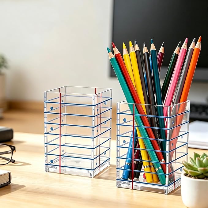 2Pcs Back to School Clear Acrylic Pen Holder with Blue Line, Pencil Holder for Desk Makeup Brush Holder for Teacher Students Home Office Classroom, 2.6x 2.6x 4 inches