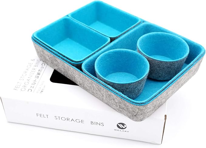 Drawer organizers bins felt tray desk storage bins dividers small organizing box for office supplies closet cabinet makeup holder Fall room decor 7-piece (Turquoise)