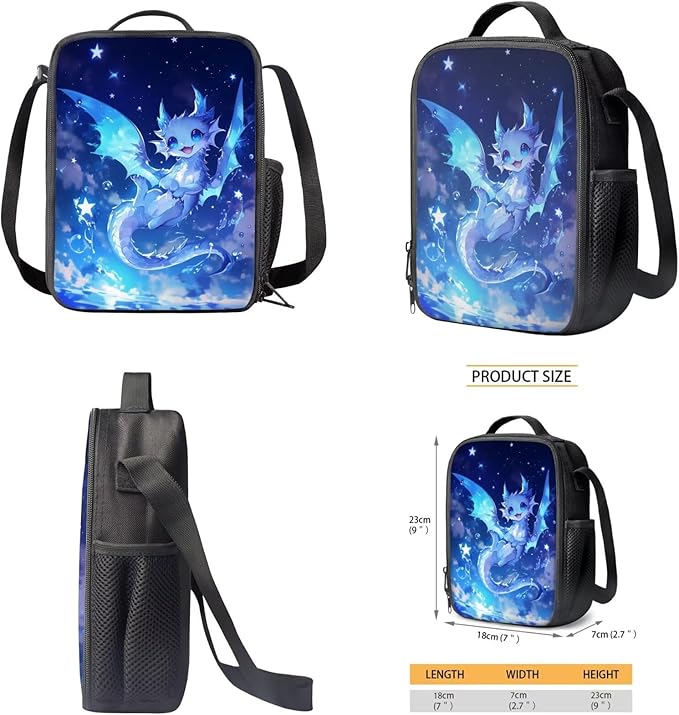 WELLFLYHOM 4PCS Blue Ice Dragon Backpack Set for Elementary School Kids 6-11, Girls 17inch Cute Backpack with Lunch Box for Back to School, Lightweight Bookbag Reduce Shoulder Pressure