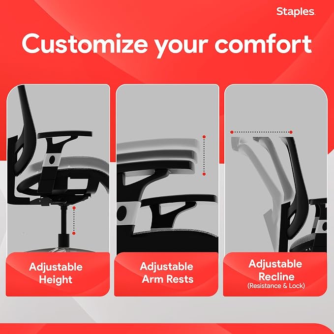 STAPLES Hyken Ergonomic Task Chair, Mesh, Ergonomic, Lumbar Support, Swivel, Gray