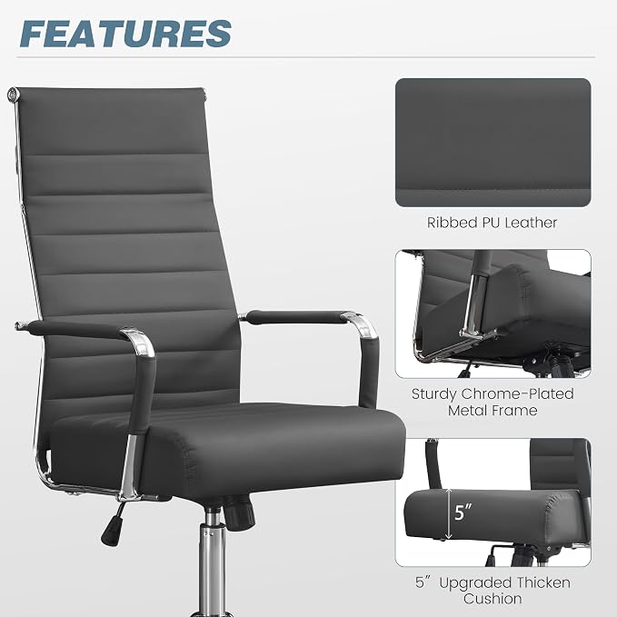 JOMEED Office Desk Chair,Conference Room Chair,High Back PU Leather Swivel | Modern Executive Ribbed Design, Ergonomic, Height Adjustable, Wheels and Arms, for Home Office(Grey-Silver Frame)