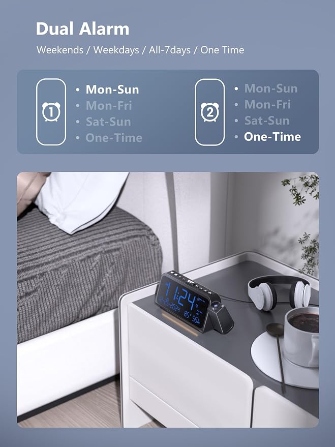 OnLyee Projection Clock for Bedroom Ceiling, Alarm Clock for Heavy Sleepers | 350° Rotatable Projector, Dual Alarms, 5 Brightness, Weekday/Weekend Mode, Temp & Humidity, Snooze, USB Charger