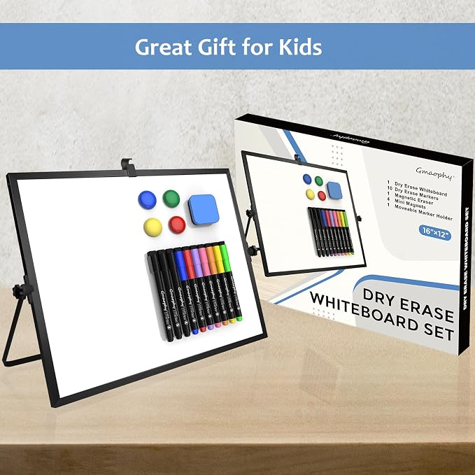 Dry Erase White Board, 16x12 Inches Double-Sided Desktop Whiteboard with Stand, Portable Whiteboard with Markers, Magnets, Eraser, Magnetic White Board Easel for Office Home Memo to Do List, Black