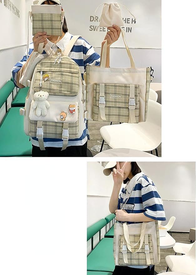 Aobiono 5Pcs Kawaii Plaid Backpack Set Aesthetic Preppy Cute Check with Pins Bear Pendant Light Academia School Supplies Kit