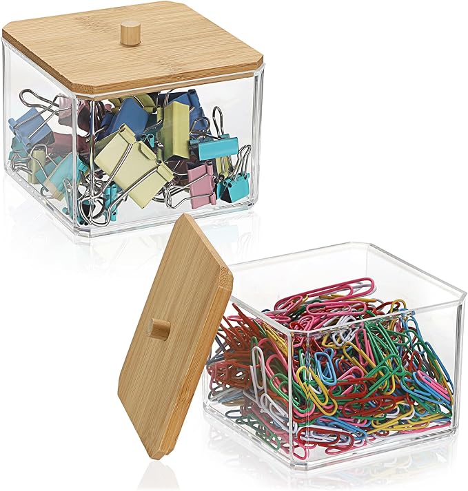 BTSKY 2 Pack Clear Stackable Paper Clip Holder with Bamboo Lid Paperclip Box Thick Acrylic Office Supply Accessory Organizer Square Small Storage Holder Cute Qtip Holder for Office Bathroom Vanity