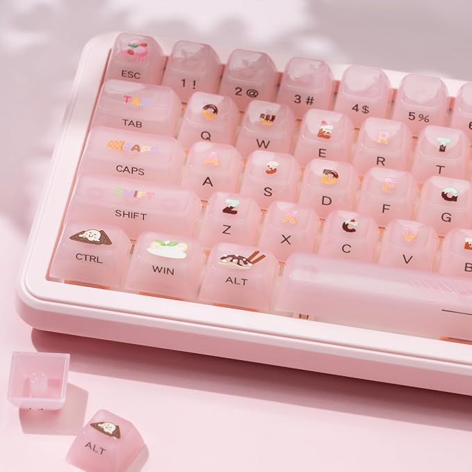Womier Pink Jelly Keycaps, Ceramic Keycaps Style Clear Keycap, Ice-Cream Cute Transparent Shine Through Custom 60 65 75 100 Percent for Cherry MX,Gateron Mechanical Keyboards, MDA Profile-Pink