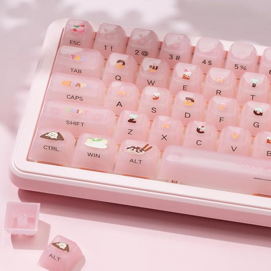 Womier Pink Jelly Keycaps, Ceramic Keycaps Style Clear Keycap, Ice-Cream Cute Transparent Shine Through Custom 60 65 75 100 Percent for Cherry MX,Gateron Mechanical Keyboards, MDA Profile-Pink