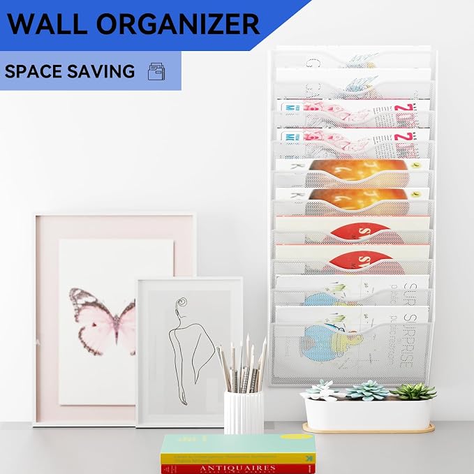 10 Pockets Hanging Wall File Organizer Mail Holder, Wall Mounted Paper Document Folder Holder, Clipboard Storage Organization Magazine Rack, White