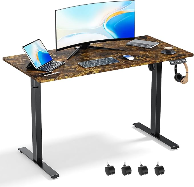 48x24 in Electric Standing Desk,Adjustable Height with Wheels,Brown | Spliced Desktop,27.9"–46.8" Height Range,4 Memory Presets,Lockable Wheels,Headphone Hook,Sit Stand Desk,Home Office