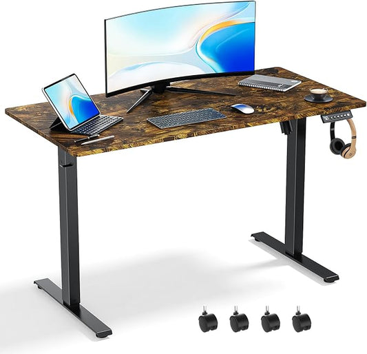 48x24 in Electric Standing Desk,Adjustable Height with Wheels,Brown | Spliced Desktop,27.9"–46.8" Height Range,4 Memory Presets,Lockable Wheels,Headphone Hook,Sit Stand Desk,Home Office