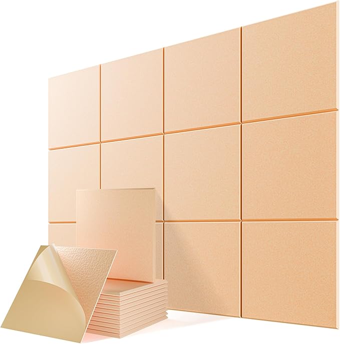 12 Pack Self-Adhesive Acoustic Panels, 12" X 12" X 0.4" High-Density Sound Proof Foam Panels for Walls, Soundproof Wall Panels for Home & Office (Apricot Pink)