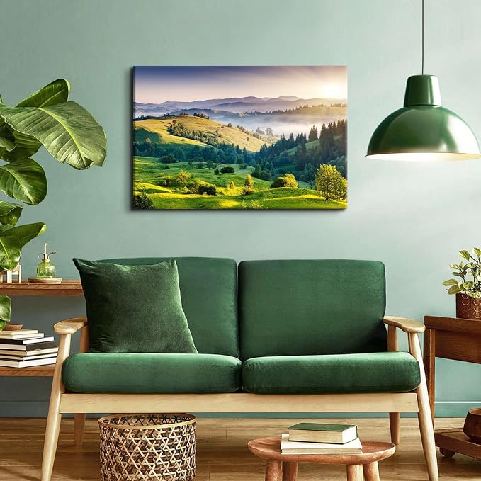 Sunrise Mountain Wall Art Misty Forest Landscape Canvas Picture Living Room Decor 24x36", Modern Large Green Nature Scenery Prints Painting Framed Artwork for Bedroom Bathroom Office Home Decoration