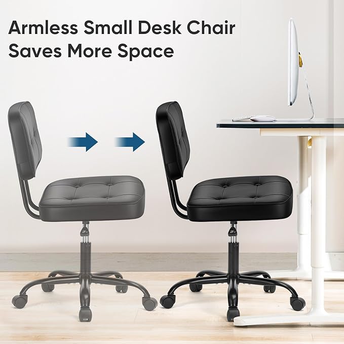 DUMOS Armless Office Desk Chair, Small Vanity Chair with Lumbar Support | PU Leather, 360° Rolling Swivel, Height Adjustable, Fit Computer Task, Bedroom Living Room, Black