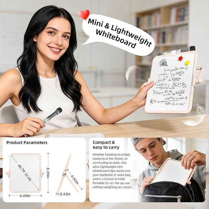 Colorful Dry Erase White Board 6.7x8.4in, Magnetic Desktop Board with Stand, 2 Markers (Eraser Head), 4 Magnets - Double-Sided Easel for Daily Planning, Memo, Office/Home/School (Pink)