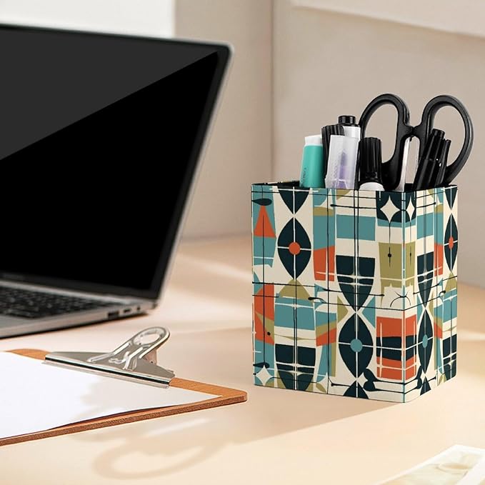 Modern Mid Century Pen Holder Office Supplies for Desk Storage | Smooth PU Leather Pencil Cup Case, Square Desk Organizer, for Pen Remote Brush Stationery Office Supplies Daily Essentials
