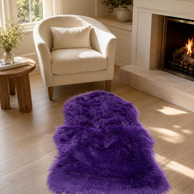 EasyJoy Faux Sheepskin Rug, Fluffy Faux Fur Rug, Ultra Soft Shag Area Rug with Non-Slip Backing for Bedroom, Living Room, Nursery, Kids Room(2 x 3 ft Sheepskin, Dark Purple)