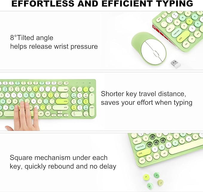 Wireless Keyboard and Mouse Combo, Retro Typewriter Keyboard with Round Keycaps, 2.4GHz USB Cute Wireless Keyboard Mouse for Computer, Desktop, Laptop (Green Colorful)