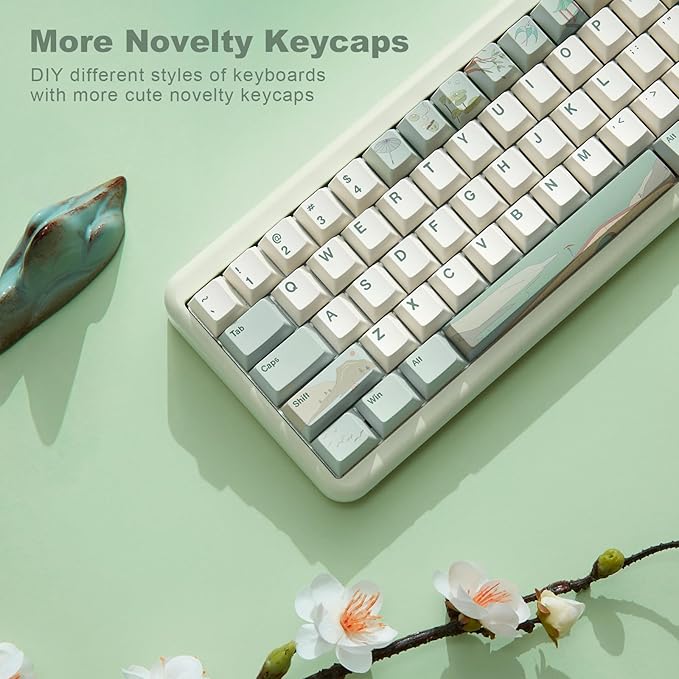 YUNZII Spring Tea Dye Sub PBT Keycaps,140 Full Keys Dye Sublimation PBT Custom Keycap Set with Key Puller for Cherry Gateron MX Switches Mechanical Gaming Keyboard (Cherry Profile, Spring Tea)
