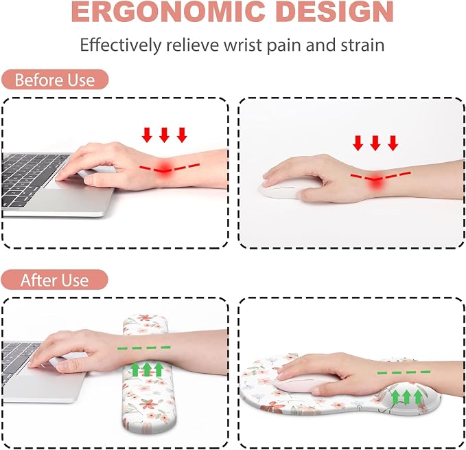 Ergonomic Mouse Pad with Wrist Rest and Keyboard Wrist Rest, Gel Mousepad and Wrist Rest for Computer Keyboard, Pain Relief, Non-Slip PU Base, Mouse Pad with Wrist Support for Gaming, Orange Flowers