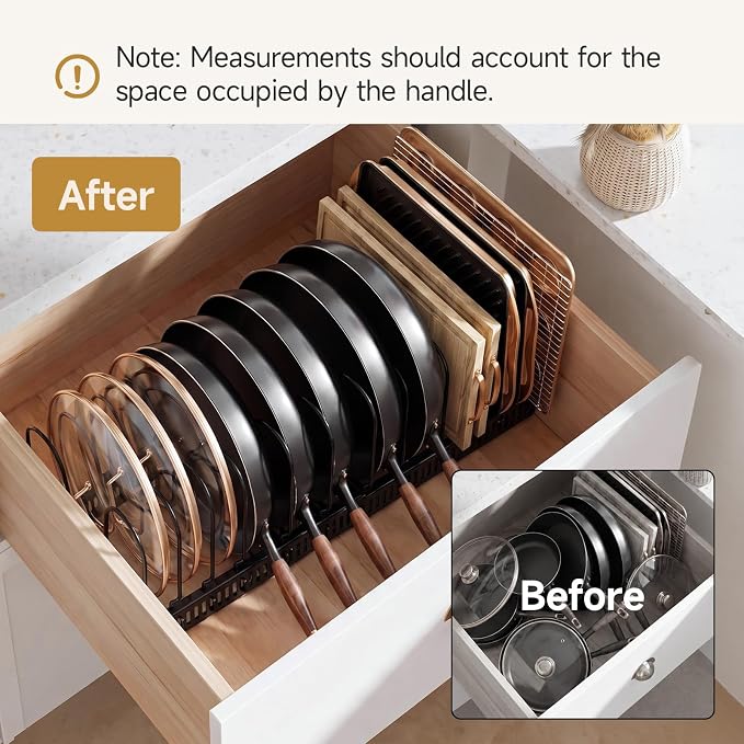 MUDEELA Pot Lid Organizer for Cabinet, Expandable Baking Pan Rack 14 Slots | 11.8–22.9" Expandable, 14 Adjustable Divider, Tool-Free Assembly, Non-Slip, Scratch-Proof, For Pan Lid Cutting Board Bakeware