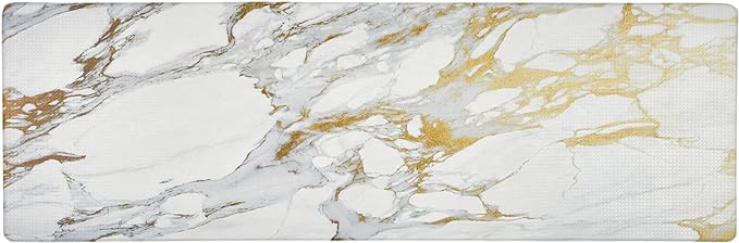 Home Dynamix Cozy Living Modern Marble Runner Anti-Fatigue Kitchen Mat, Non-Slip Floor Mat, Padded Standing Desk Mat, Gold/White, 17.5"x55"