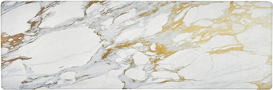 Home Dynamix Cozy Living Modern Marble Runner Anti-Fatigue Kitchen Mat, Non-Slip Floor Mat, Padded Standing Desk Mat, Gold/White, 17.5"x55"