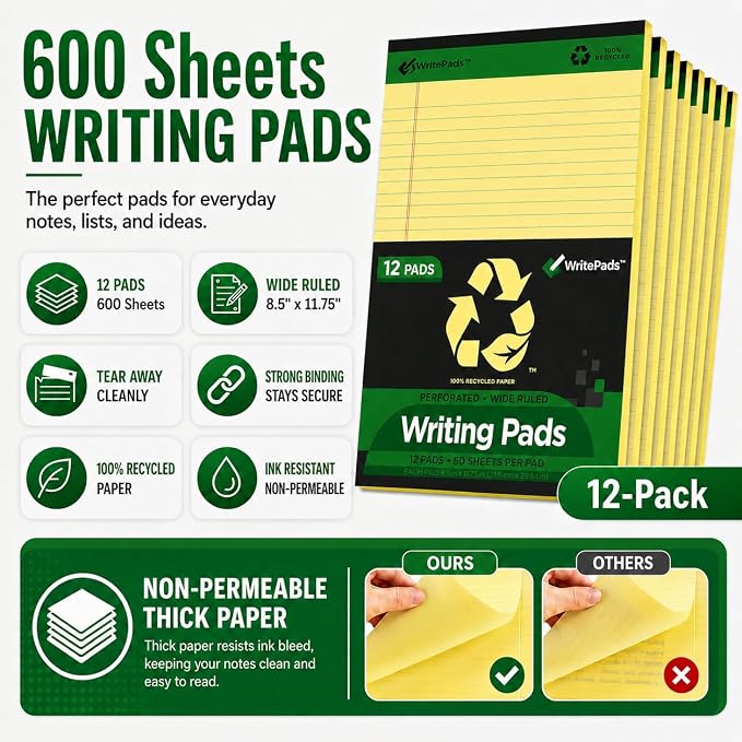 KAISA Legal Note pads 8.5 x 11，12pads 600 Sheets note pads office supplies Recycled Paper 8.5 x 11 Wide Ruled 50 sheets Premium Thick Paper Hard Back Notepads 8-1/2"x 11-3/4" Writing Tablet Canary For Office Supplies (Pack of 12)
