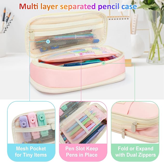 43 PCs Aesthetic School Supplies Kit - Art & Study Set with Pink Pencil Case, 0.5/0.7/2.0mm Mechanical Pencils, 6-Color Ballpoint Pens & Black Ink Gel Pens &12 Pastel Highlighters