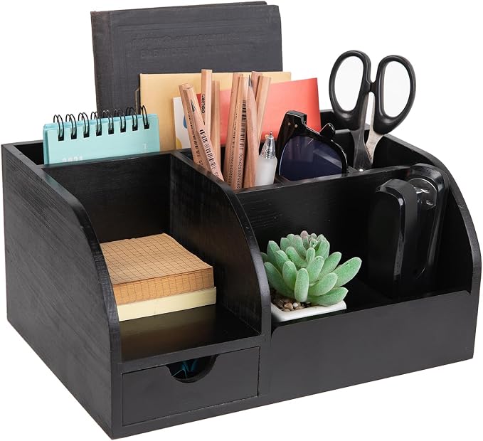 Office Desk Drawer Supply Organizer and Accessories, Wood Desk Organizer with 6 Compartments & 1 Drawer Binders Folder Papers Holder Pen Holder Office Desktop File Organizer (black)