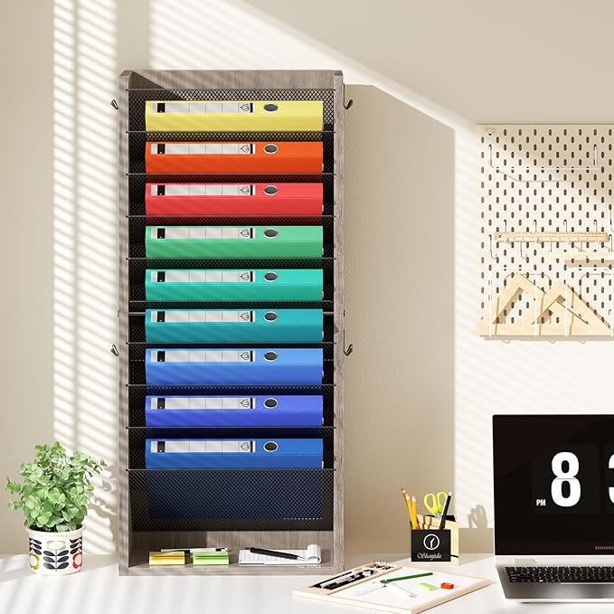 Creso hom Mail Organizer Wall Mounted, Mail Sorter with 2 Key Hooks, 11-Slot File Organizer for Wall or Desk, Wood Letter Holder Envelopes Bills Accessories for Home Office, Greige