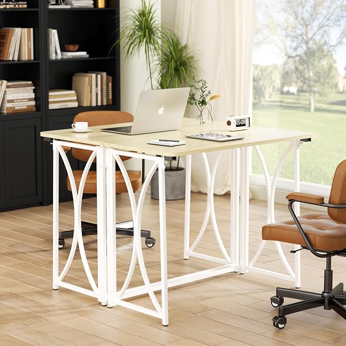 Folding Desk, 31.5" Small Desk for Bedroom, Space Saving Foldable Computer Desk for Home Office, Easy Assembly, Beige