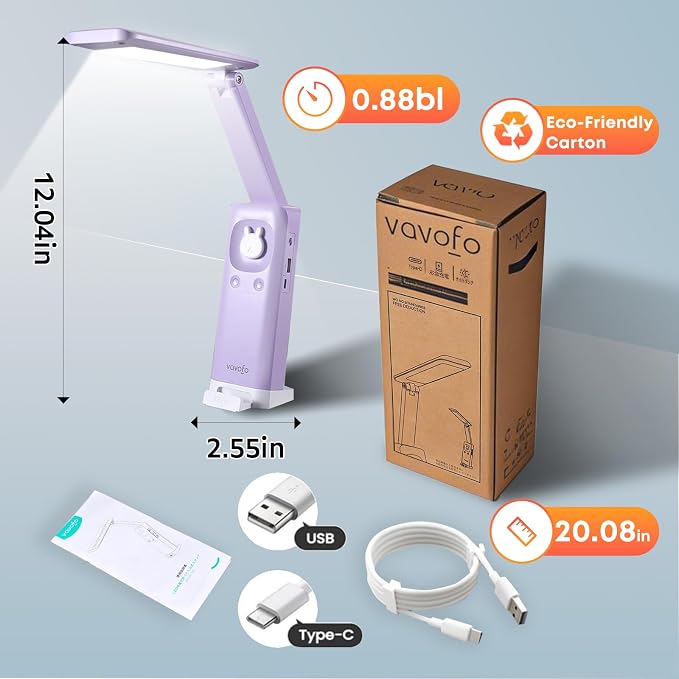 VAVOFO Cute Bunny Desk Lamp, Foldable LED Rechargeable Table Light, Eye-Caring Reading Lamp, 3 Color Modes & Dimmable, for Kids Girls Bedroom Study Dorm Room（Purple）