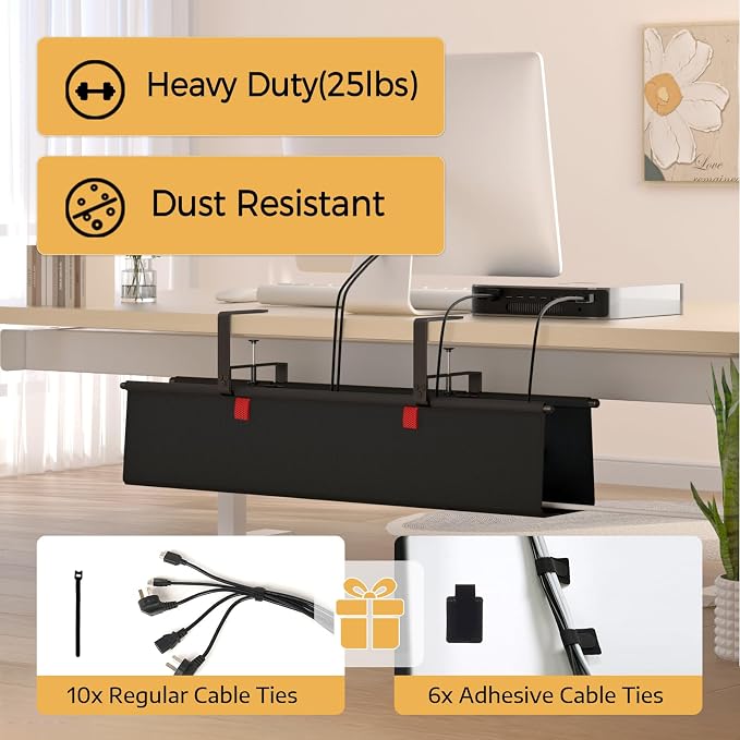Under Desk Cable Management Tray, 28" Fabric Wire Cord Organizer, Black | No Drill Under Table Wire Organizer with 16X Cable Ties for Office/Home, Cord Hider Fit Adapters & Sockets, Clamp/Screw Mount