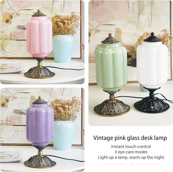 Vintage Touch Bedside Table Lamp, Elegant Green Glass Bedside Desk Lamp 3 Way Dimmable with USB C+A Charging Ports - Bedroom Nightstand & Living Room Essential (Purple;, 6.5)