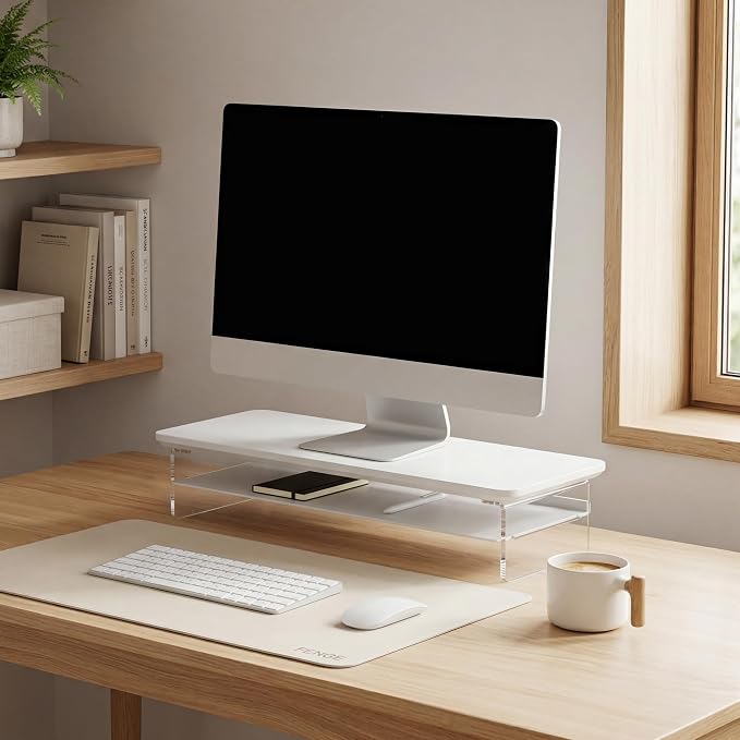 Fenge 23.6" Monitor Stand with Clear Acrylic Legs, White | Clear Acrylic, Storage Compartment, 2-tier Home Office Monitor Riser, Wide Large Desktop Shelf Fit Monitor/Laptop/Printer