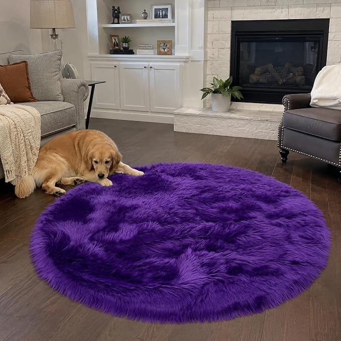 EasyJoy Faux Sheepskin Rug, Fluffy Faux Fur Rug, Ultra Soft Shag Area Rug with Non-Slip Backing for Bedroom, Living Room, Nursery, Kids Room(4 x 4 ft Round, Dark Purple)