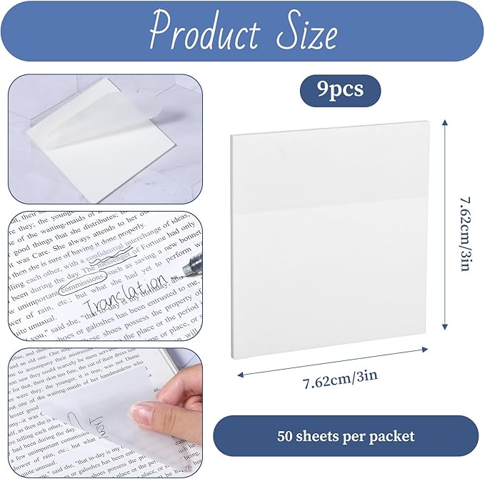 450 Sheets Transparent Sticky Notes, 3 x 3 inch See Through Sticky Notes Self-Adhesive Translucent Note Clear Waterproof Stickys Note Pads for Reading Writing Study Office School Supplies (9 Pads)