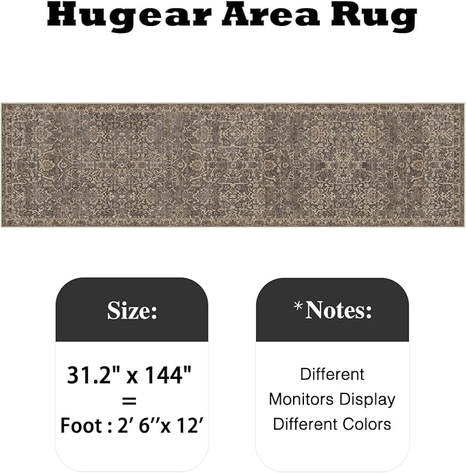 HUGEAR 2'6''x12 Runner Rug Machine Washable Retro Brown Hallway Area Rug Indoor Vintage Rug Floral Low Pile Carpet Soft Throw Rug Bedroom Living Room Office Dining Room Kitchen Laundry Room Non Slip