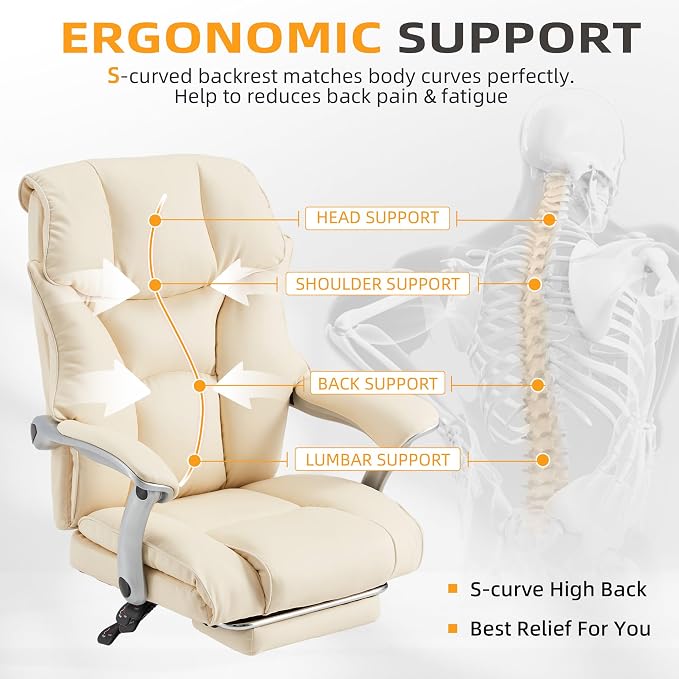 HOMREST Big and Tall Heavy Duty Office Chair 550LBS, Ergonomic Leather Executive Chair with 155° Recline, Large Back Pocket &Footrest, Computer Desk Chair for Heavy People, Beige