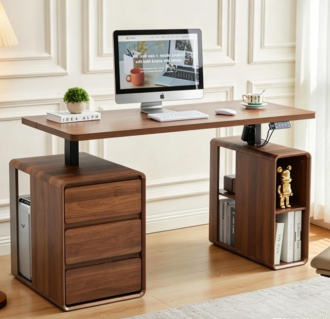Farmhouse Electric Standing Desk, 55" Height Adjustable Computer Desk | Electric Stand up Desk with 3 Drawers & Storage Shelf, Mid Century Home Office Desk Wood Sit Stand Desk for Work Study,Walnut